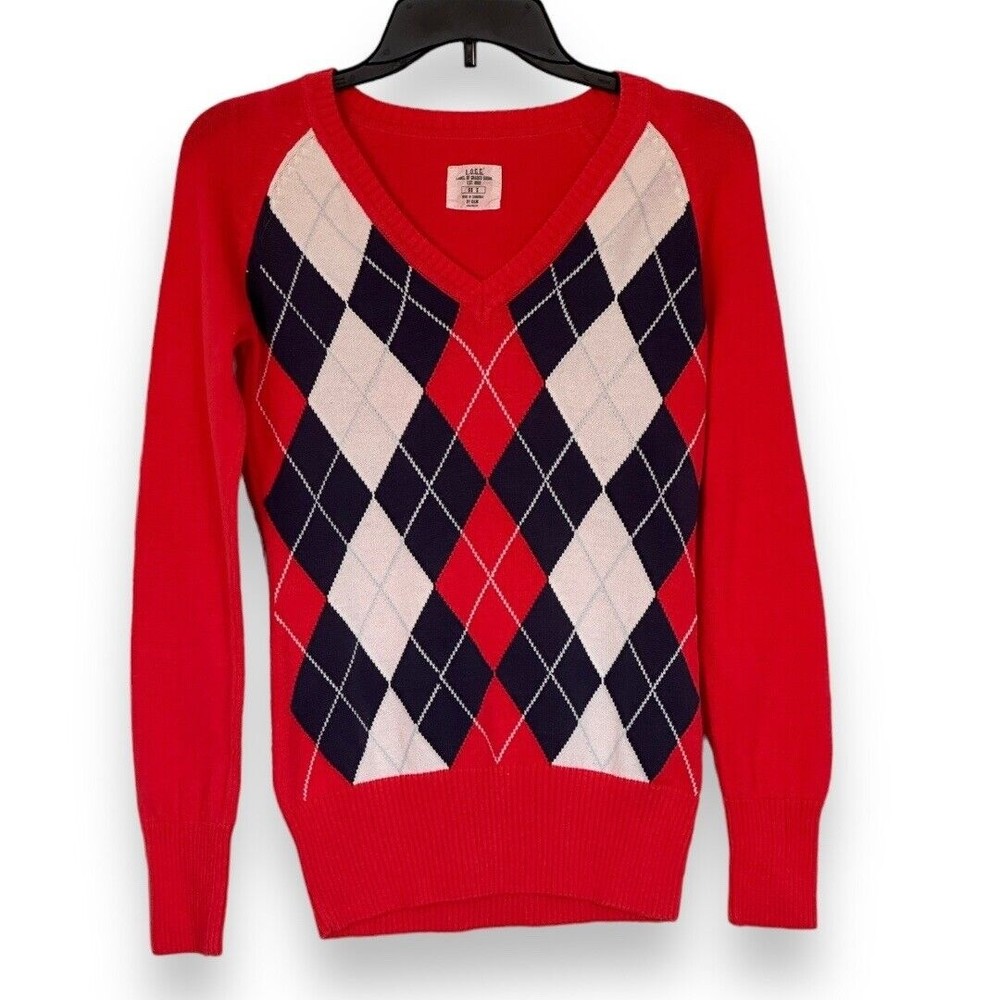 H&M LOGG Women’s Coral Navy Long Sleeve Argyle Sweater Size Small Preppy V Neck